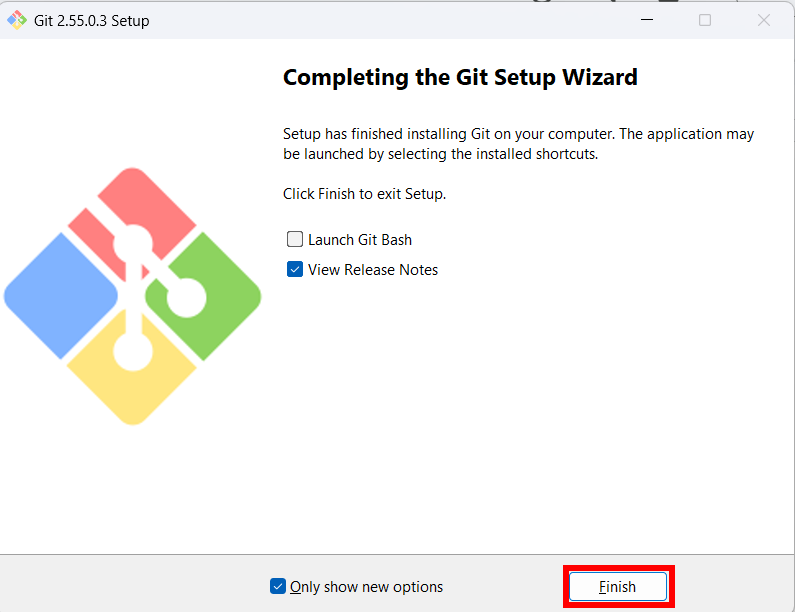 Git Setup Wizard 설치 완료 화면에서 Finish 버튼을 클릭하는 화면