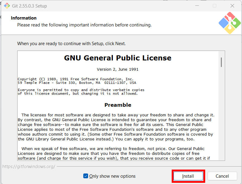 Git 2.55.0.3 설치 첫 화면에서 Install 버튼을 클릭하는 화면